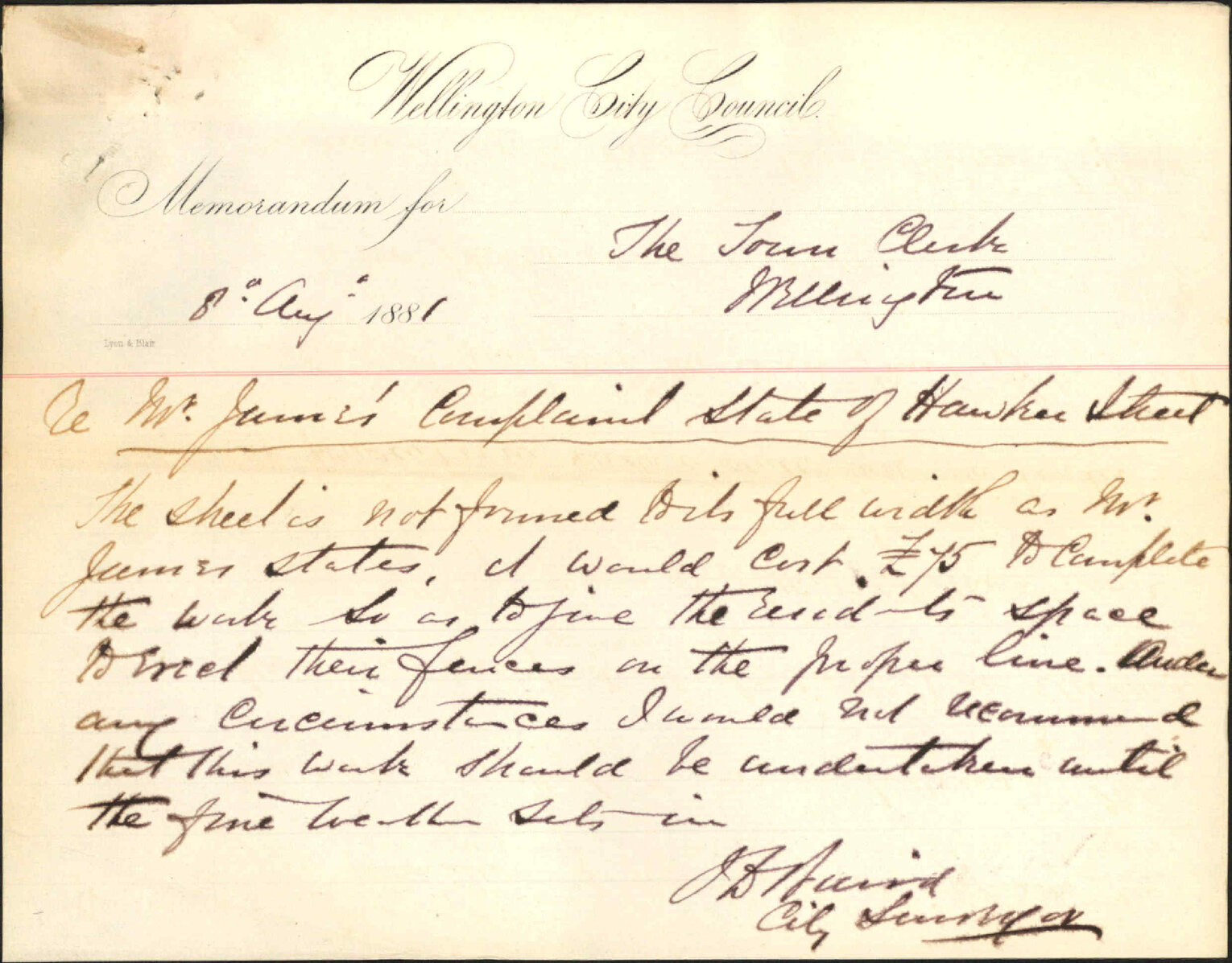 W P James, complaint regarding state of Hawker Street
