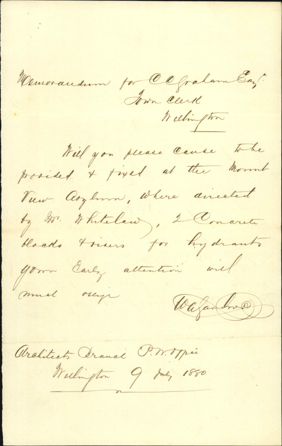 Colonial Architects Department, applying for blocks and hydrants at lunatic asylum