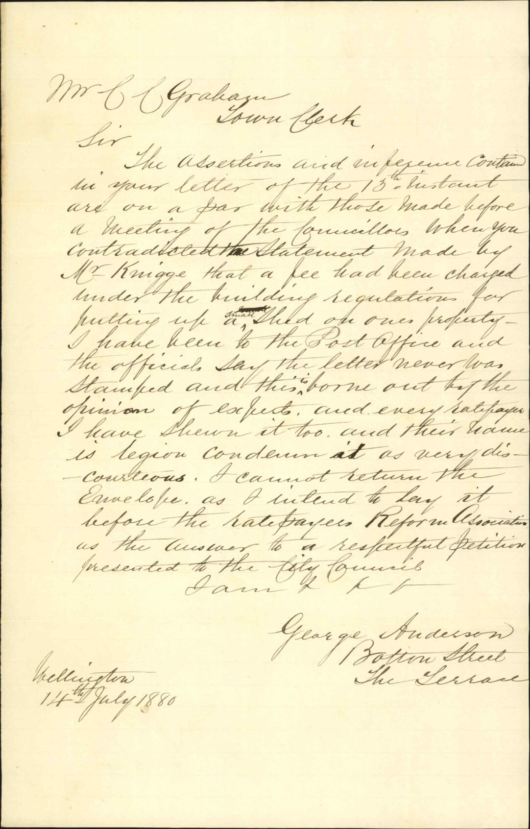 George Anderson, regarding building regulations and alleged discourtesy on the part of the Town Clerk