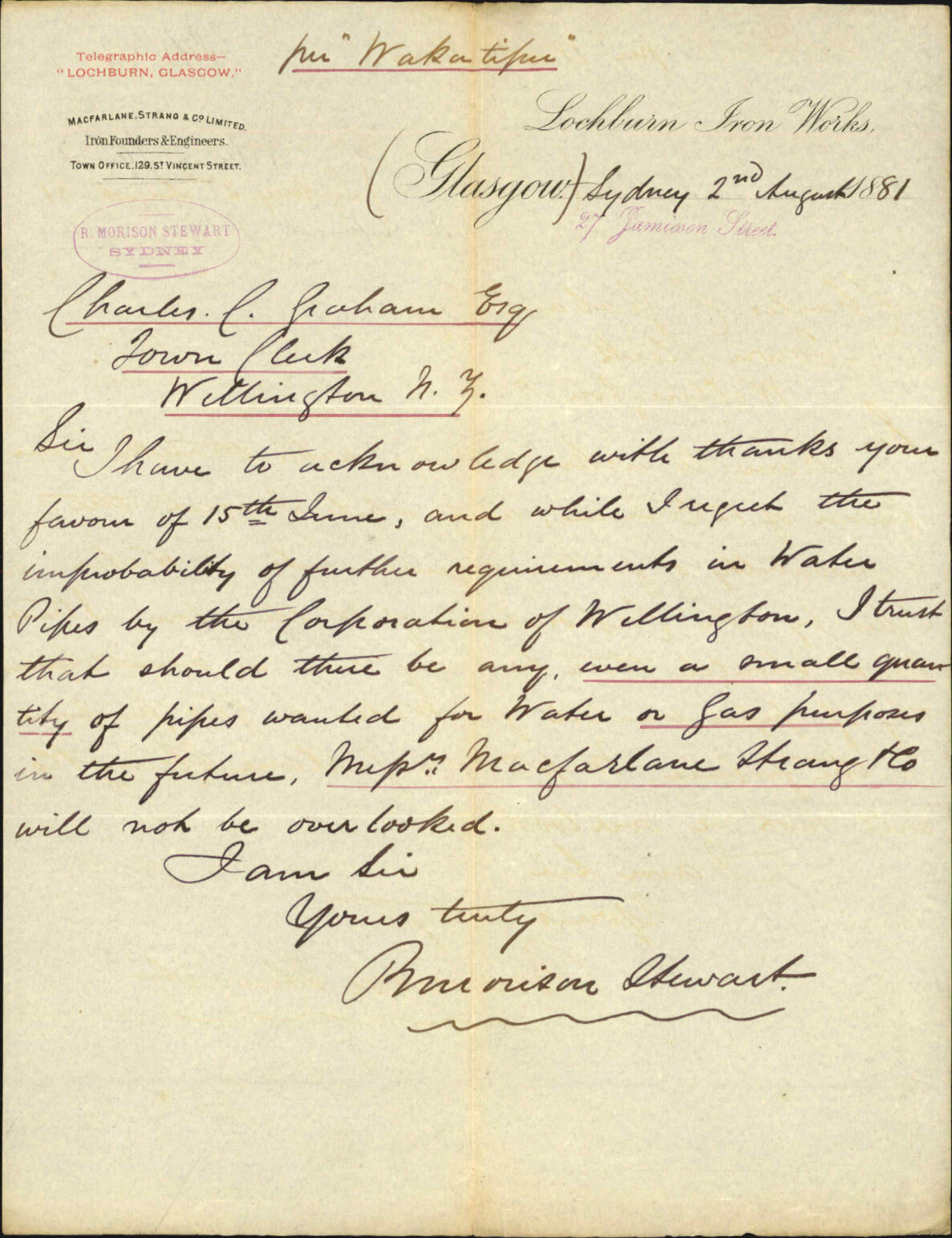 R Morrison Stewart, regarding shipment of pipes in the future