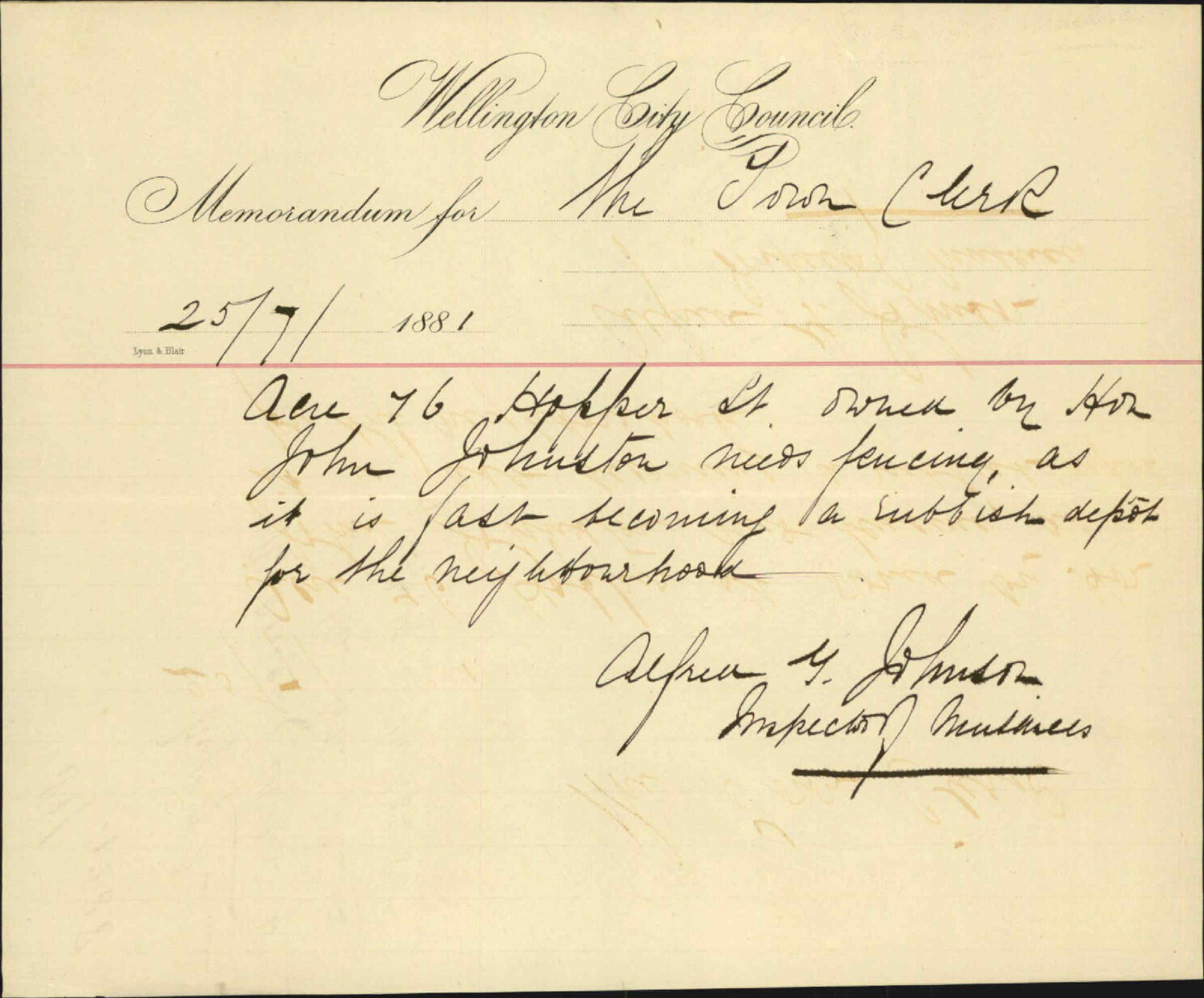 Inspector of Nuisances, regarding fencing notice Hon John Johnston Hopper Street