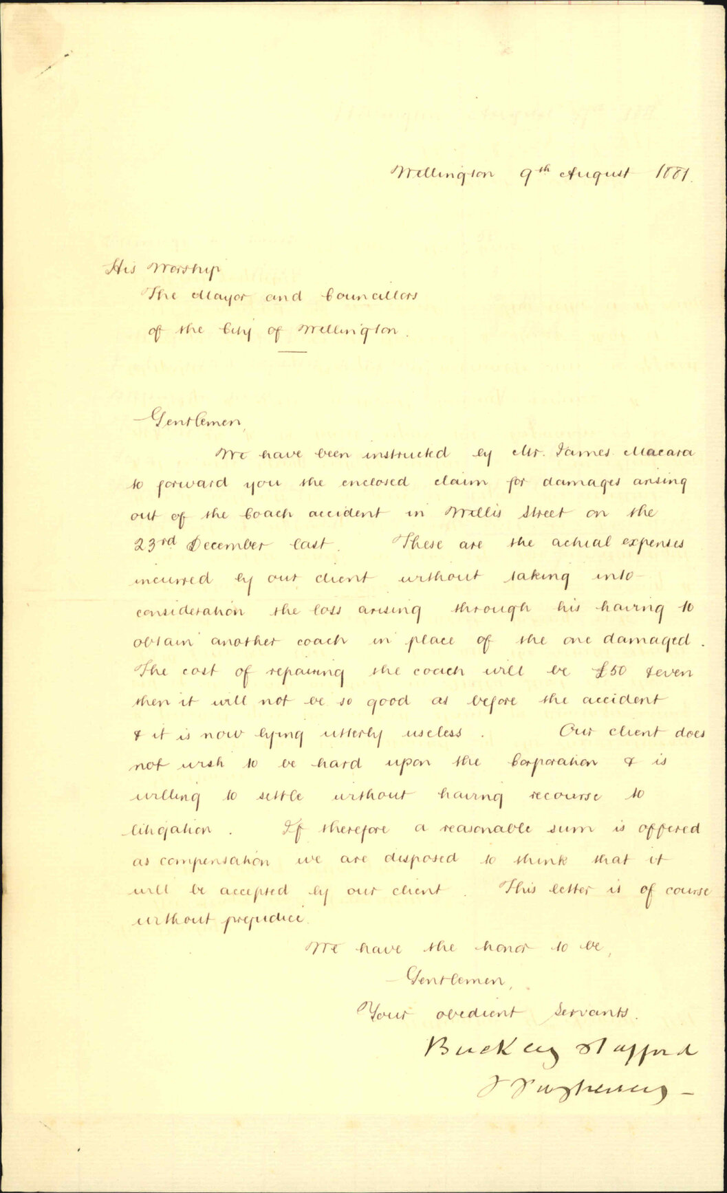 Buckley Stafford and Fitzherbert, claim on account J Macara for damage to coach