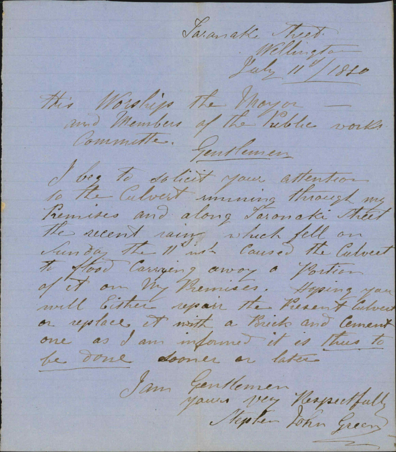 Stephen J Green, complaint as to damaged culvert in Taranaki Street