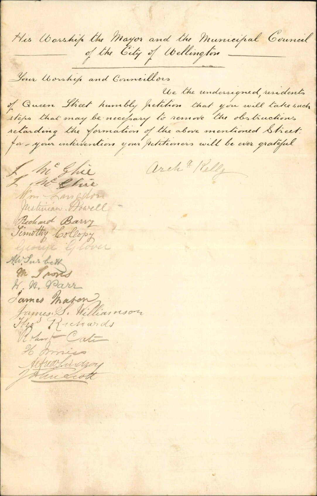 Petition re formation of Queen Street