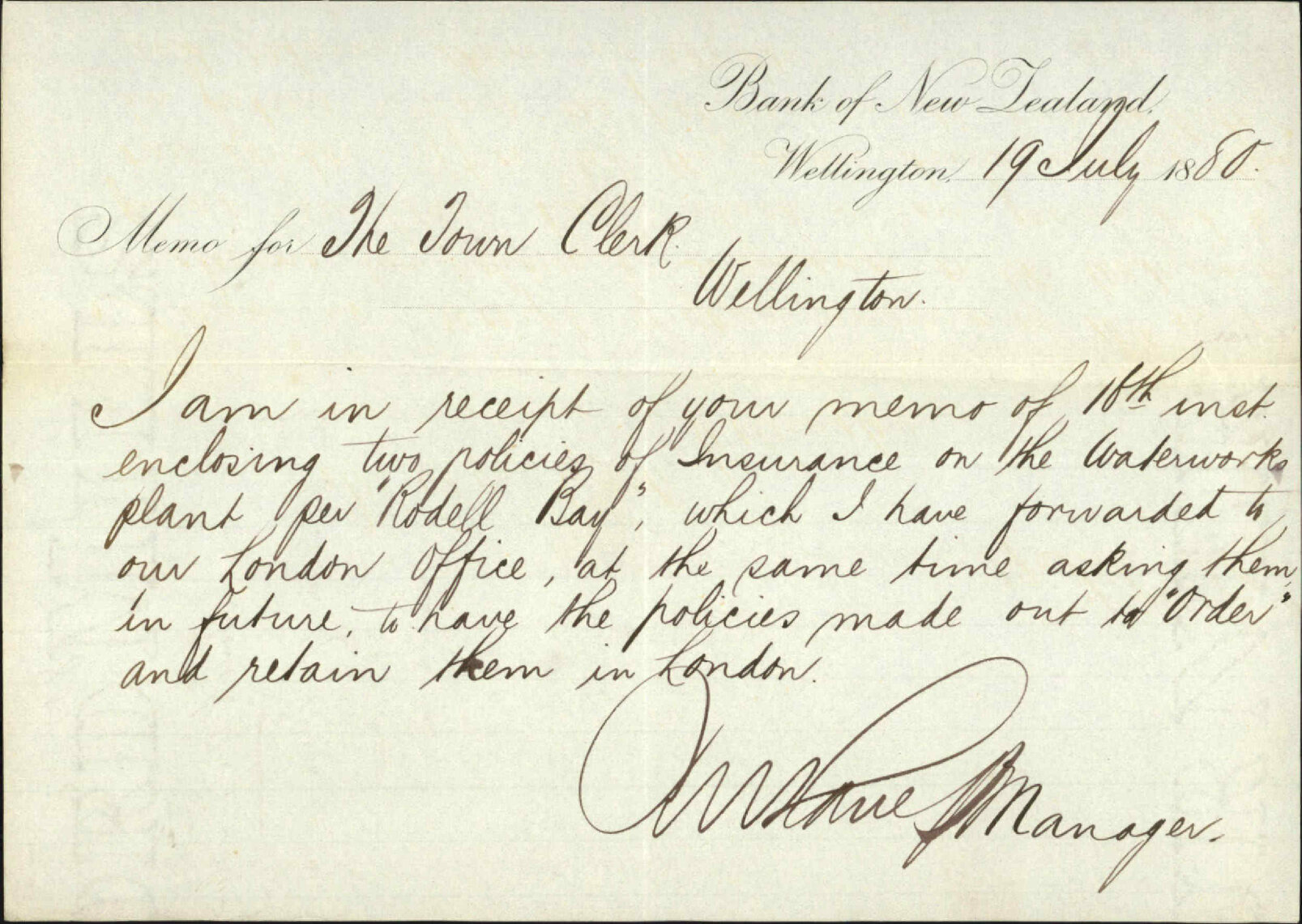 Bank of New Zealand, regarding policies of insurance on water works plant