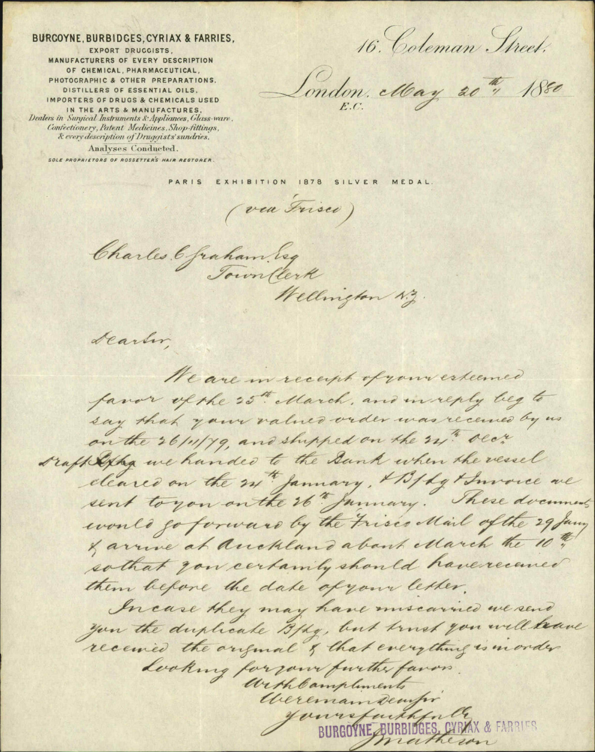 Burgoyne, Burbidges, Cyriax and Farries, regarding shipment of drugs to