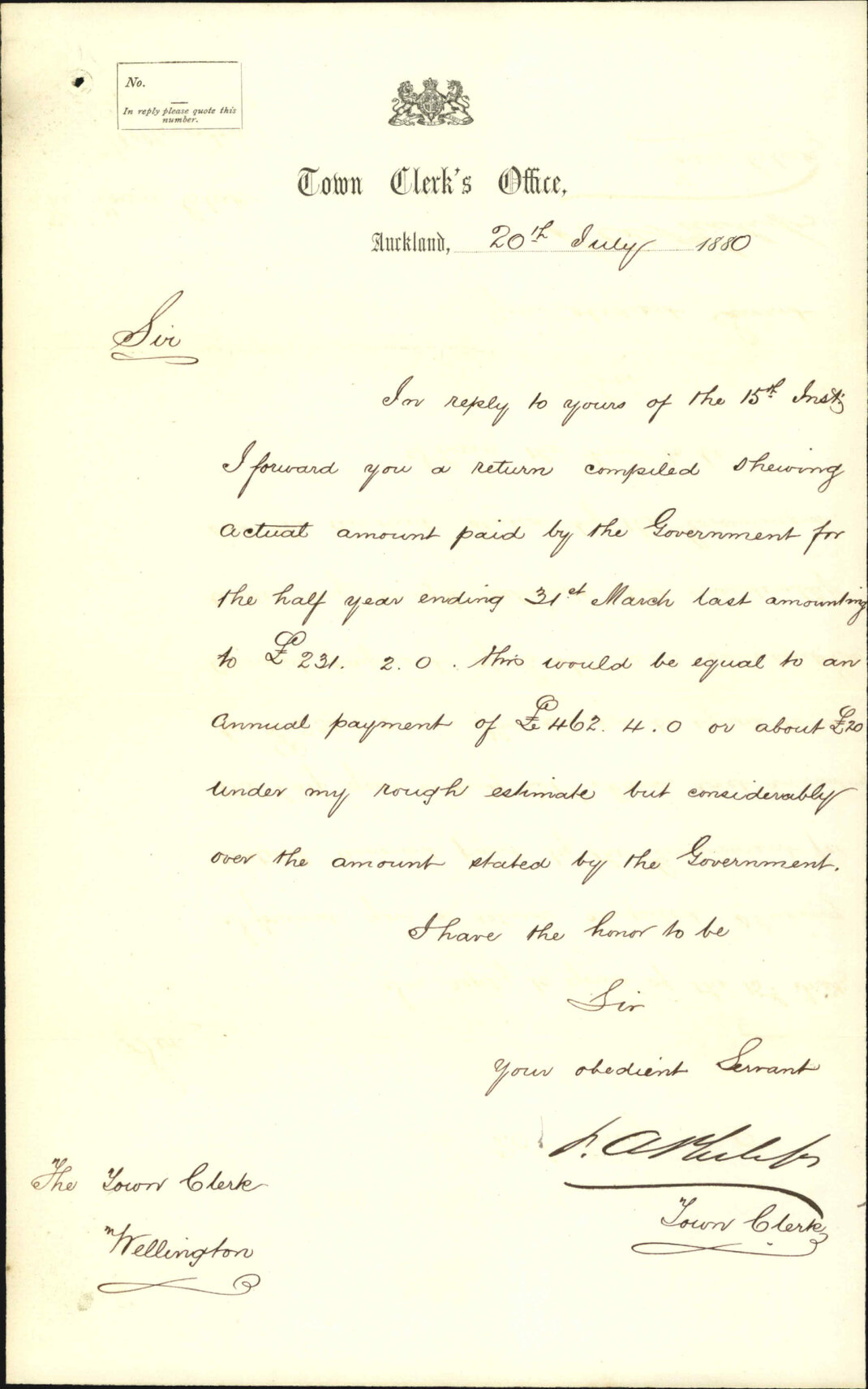 Town Clerk, Auckland, regarding amount charged to Government for water supply