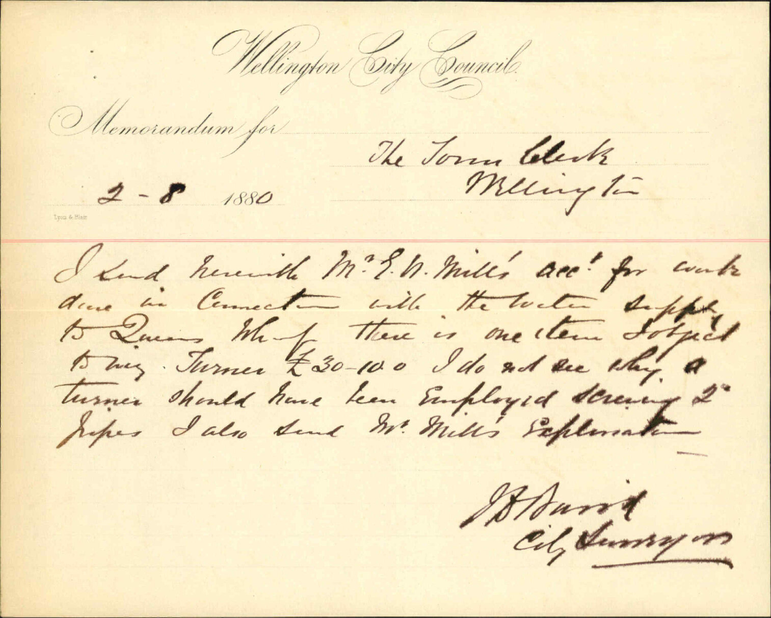 City Surveyor, regarding E W Mills account for water pipes to Queens Wharf