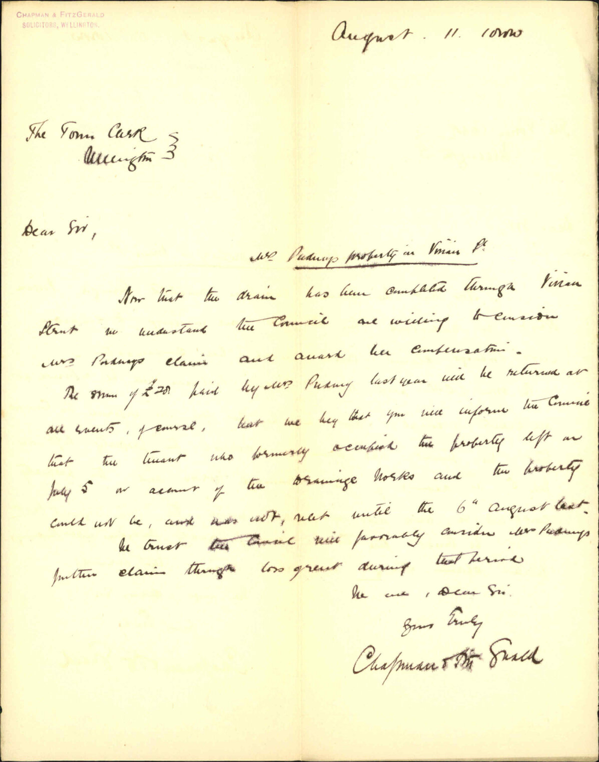 Chapman and Fitzgerald, regarding Mrs Pudney's claim on account of Tory Street drain
