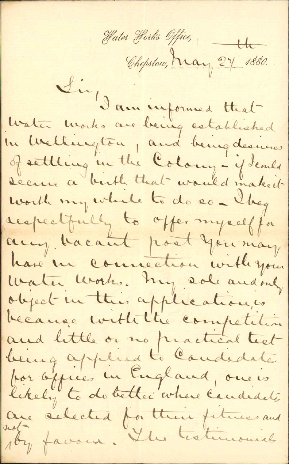 R Evans, application for employment in connection with water works