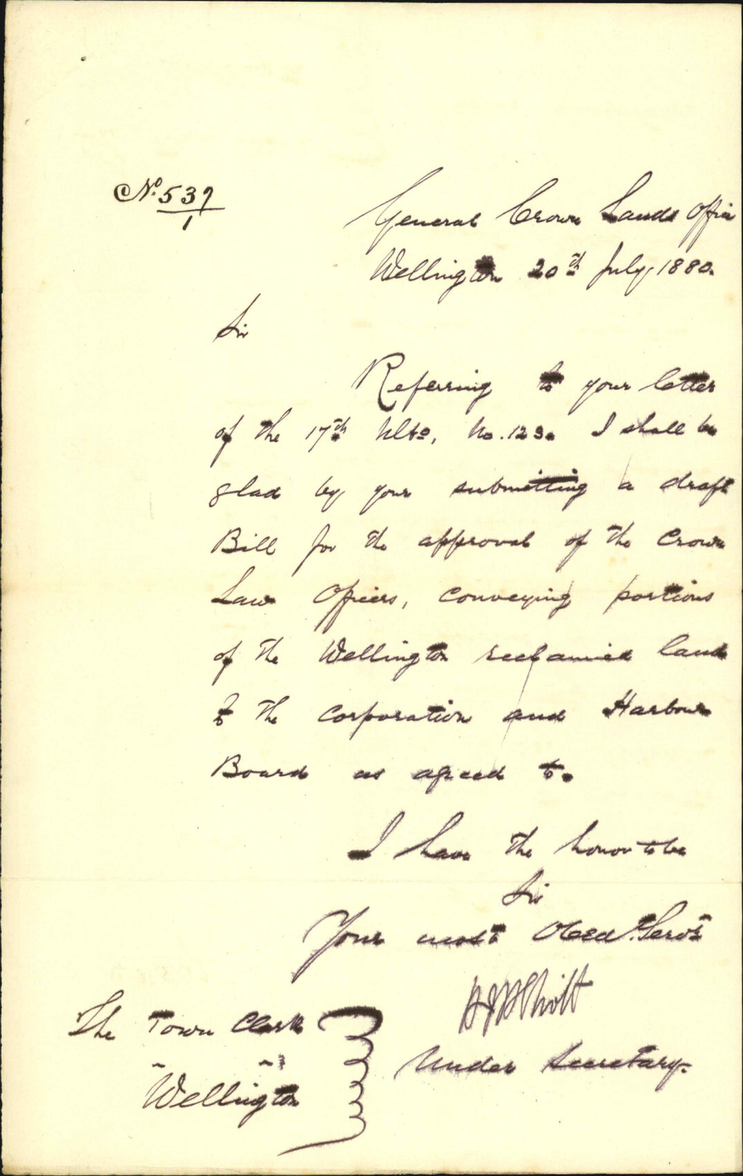Colonial Secretary's Office, regarding bill for granting Te Aro foreshore
