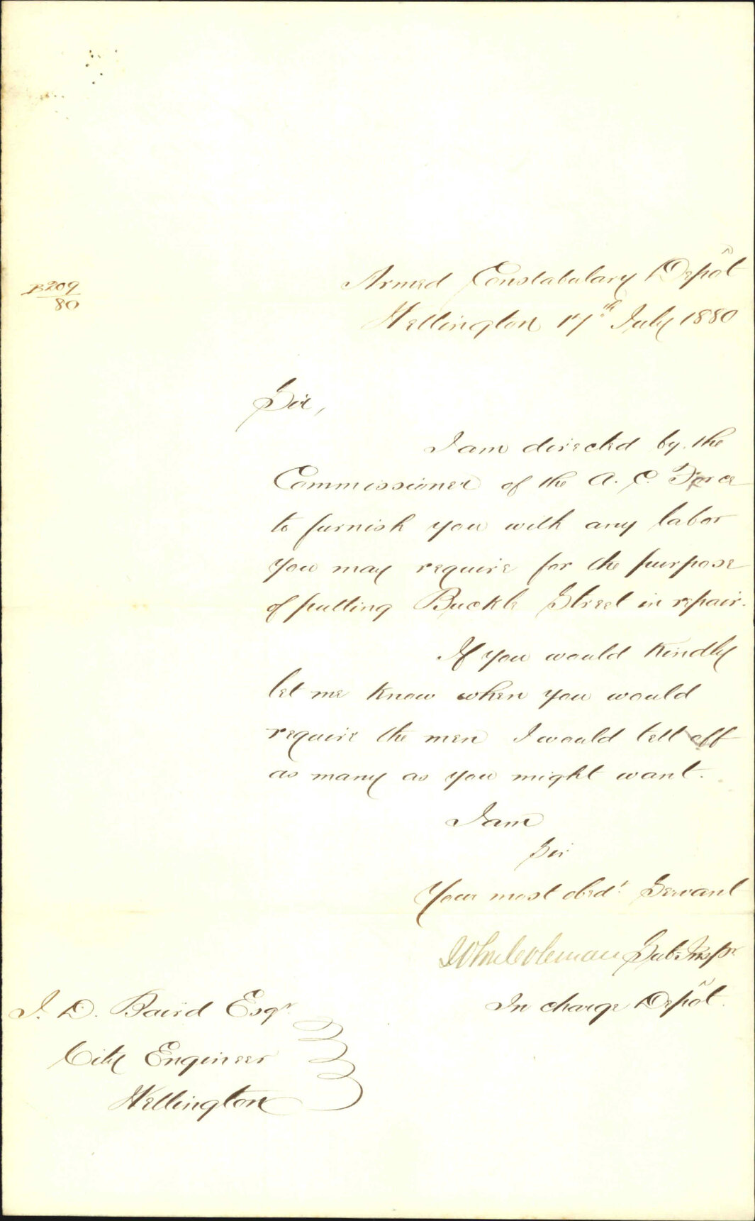 City Surveyor, regarding formation of Buckle Street through Armed Constabulary Depot