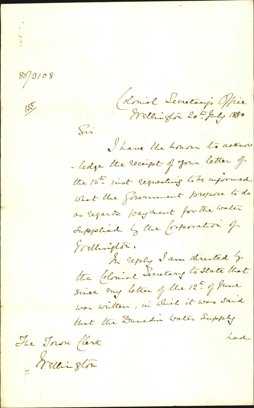 Colonial Secretary's Office, regarding amount paid by Government for water supply