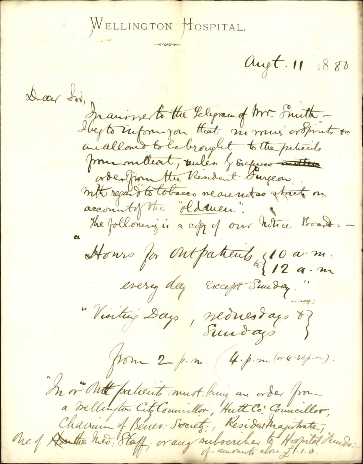 Hospital, regarding regulations of Hospital and Dr Gillan's reply