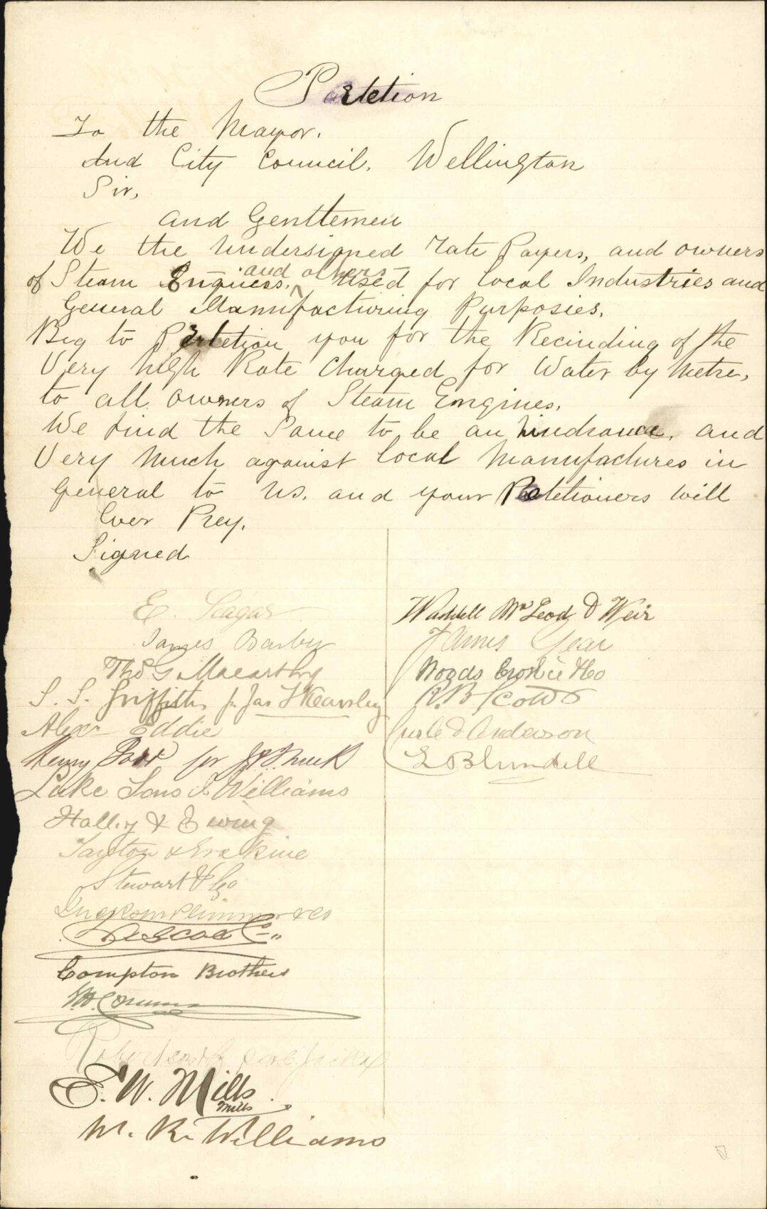 Petition, as to rate for water supplied to steam engines