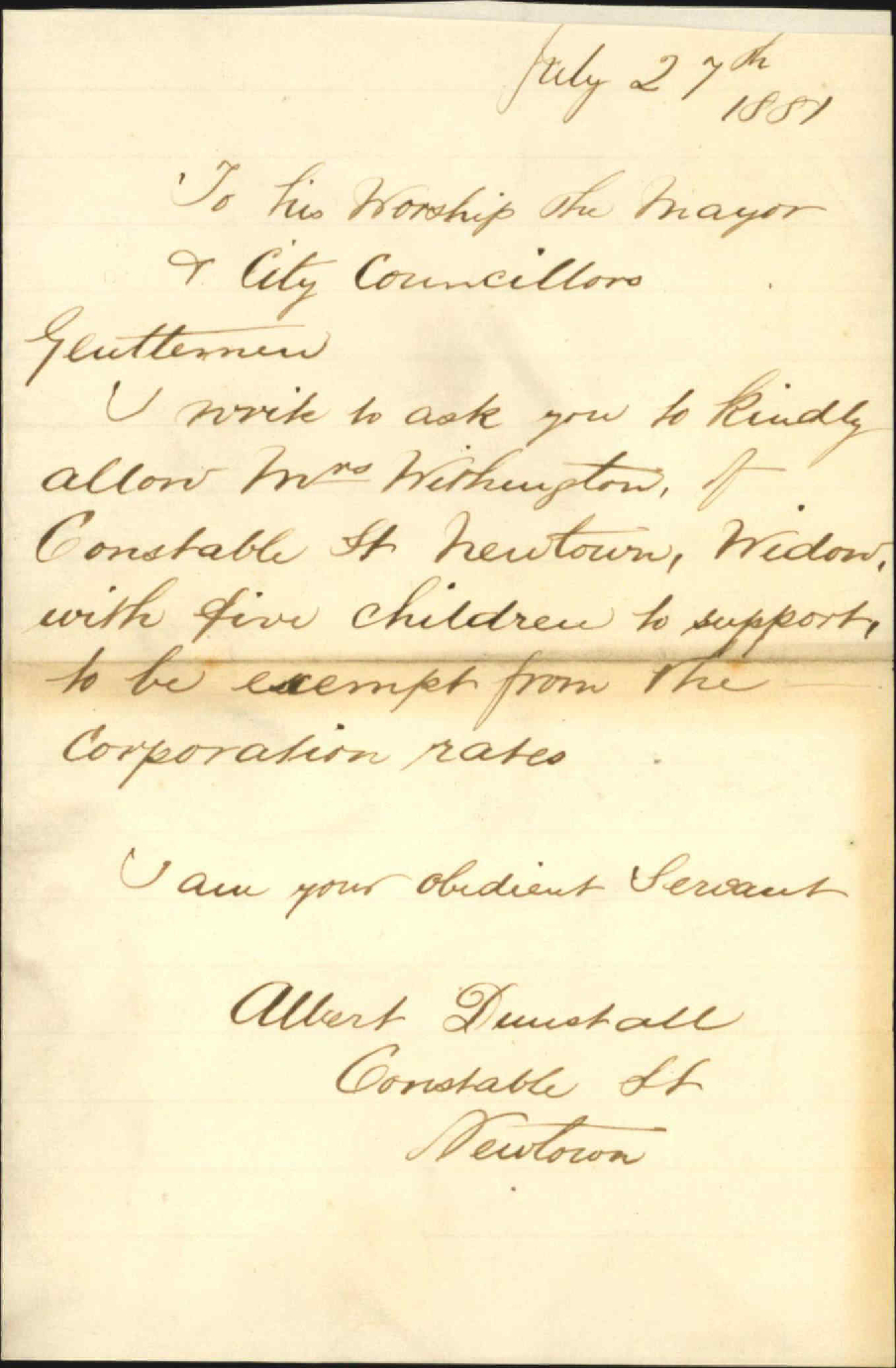 A Dunstall, application for remission of rates of Mrs Wetherington, widow