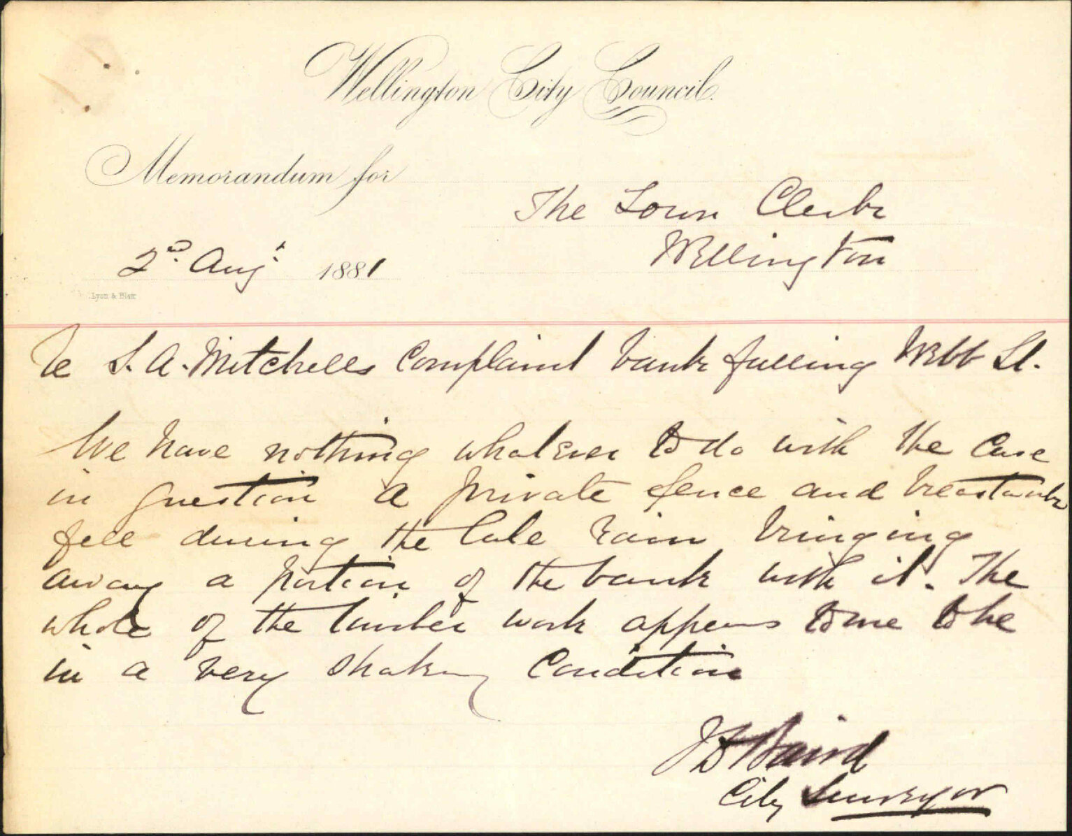 S A Mitchell, complaint as to state of Webb Street