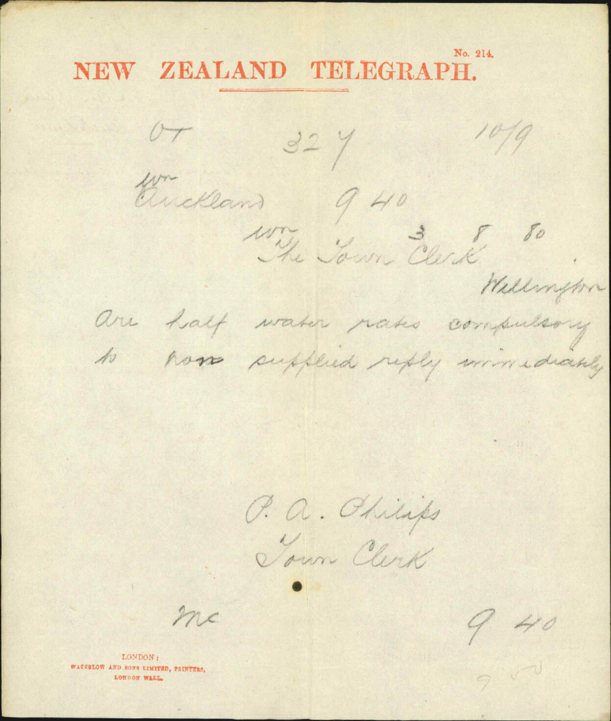 Town Clerk, Auckland, regarding charges for water supply