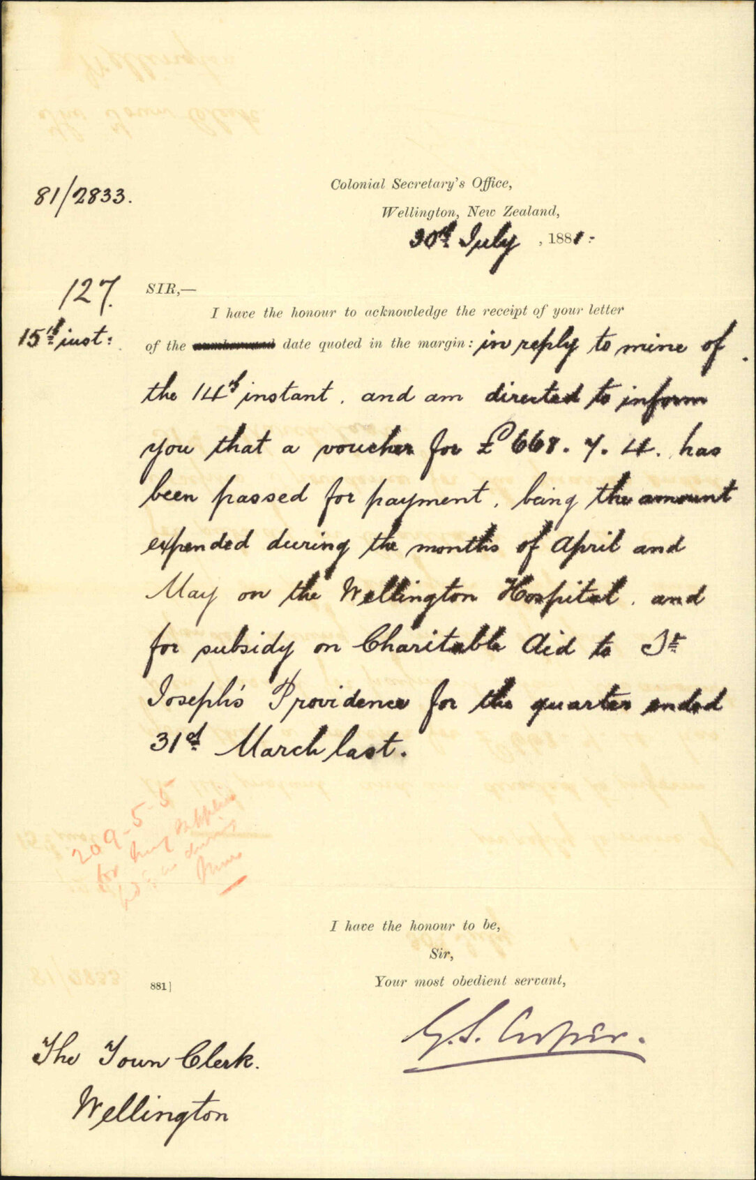 Colonial Secretary's Office, advising payment of hospital expenditure