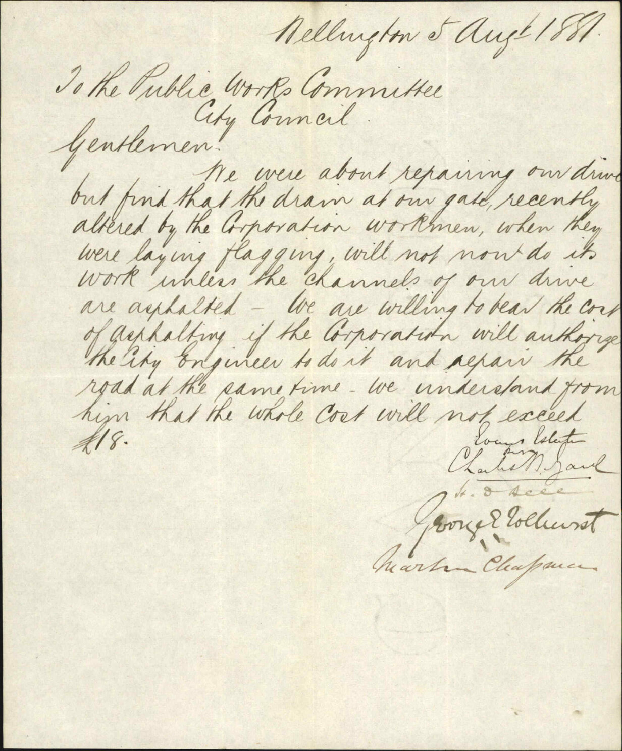 George E Solhurst, application for asphalted channel