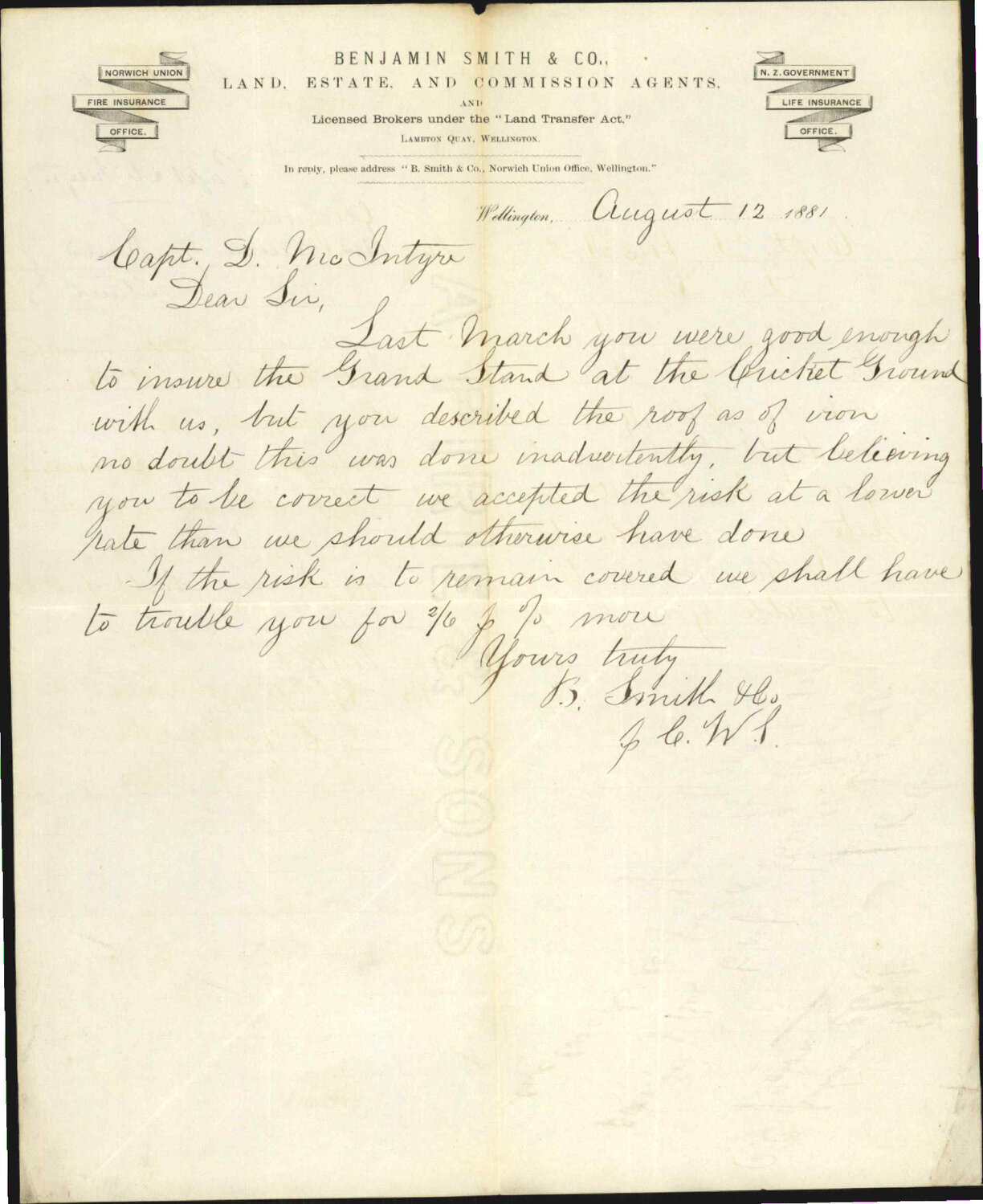 Captain McIntyre, regarding insurance of Grand Stand