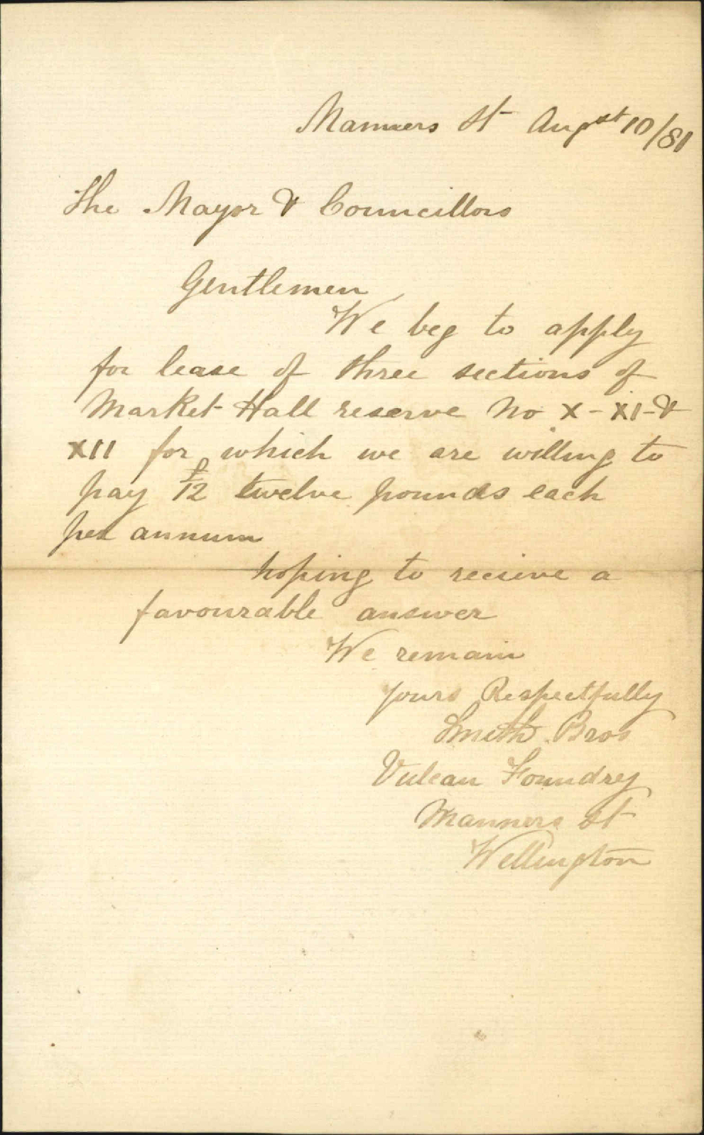 Smith Brothers, application to lease three sections of Market Hall reserve