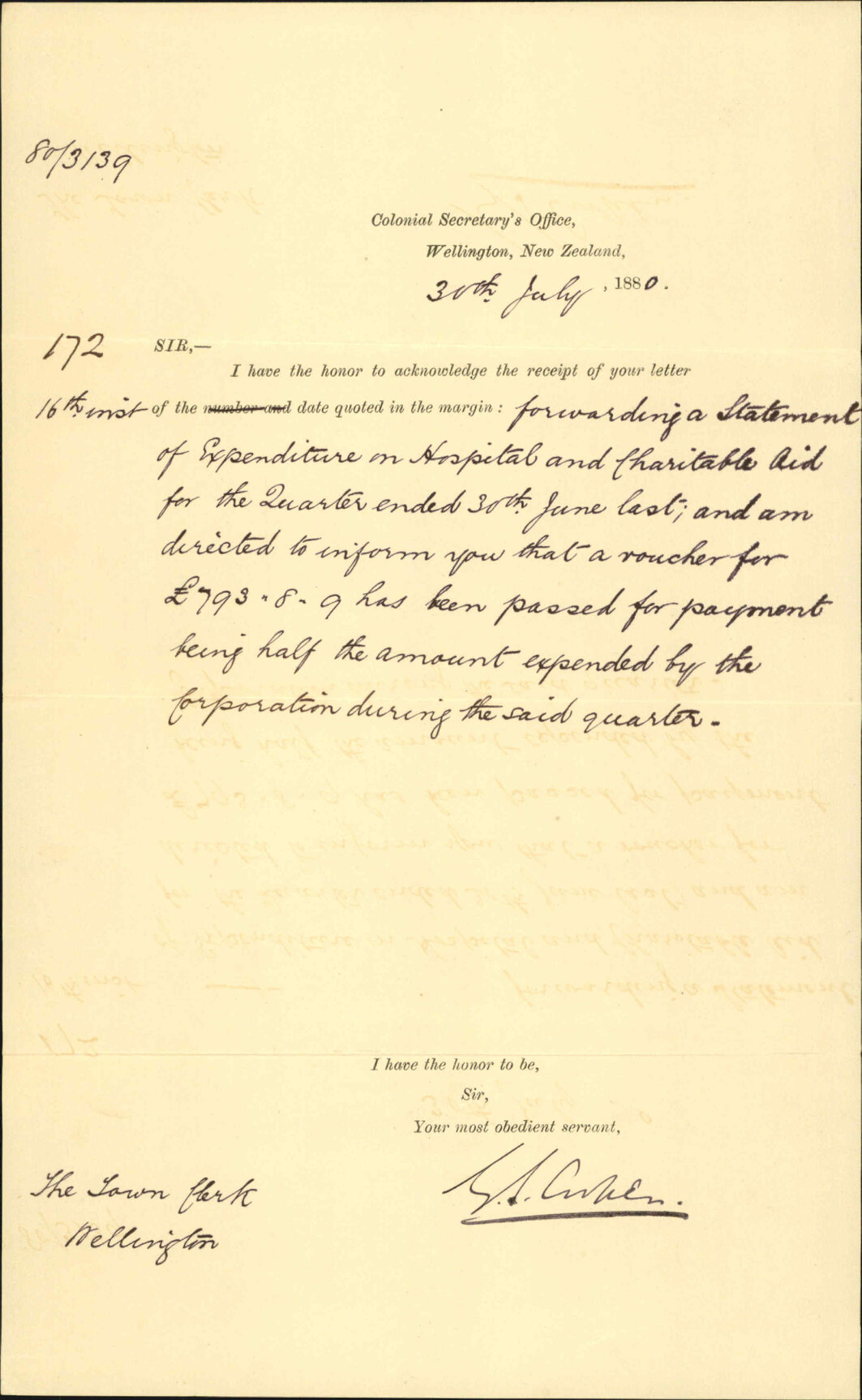 Colonial Secretary's Office, advising payment on account of hospital and charitable aid
