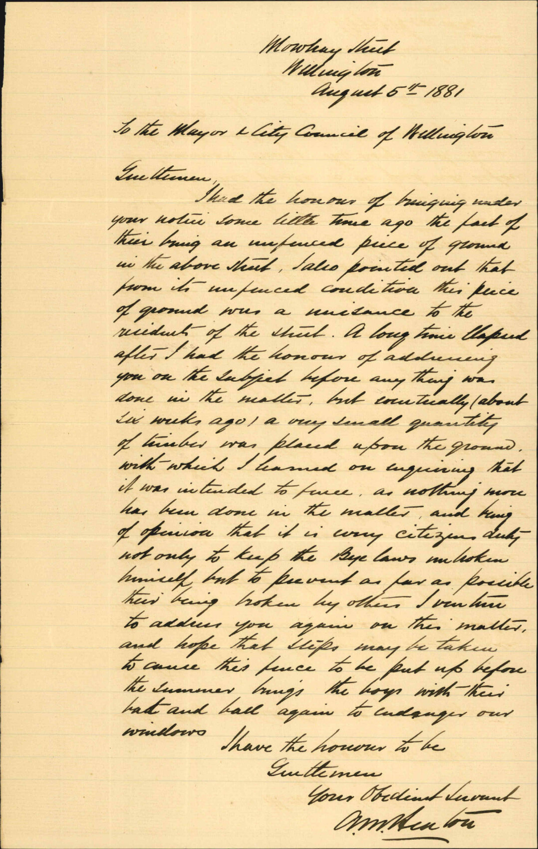A M Heaton, regarding unfenced section in Mowbray Street