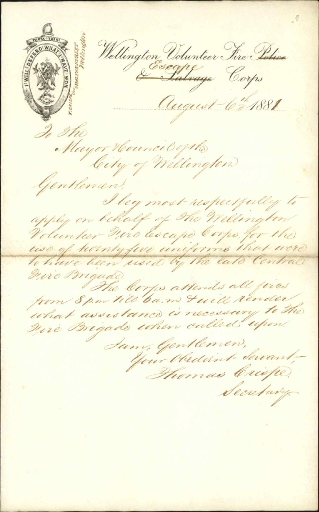 Fire Escape Corps, asking for 25 uniforms of the late Central Volunteer Fire Brigades