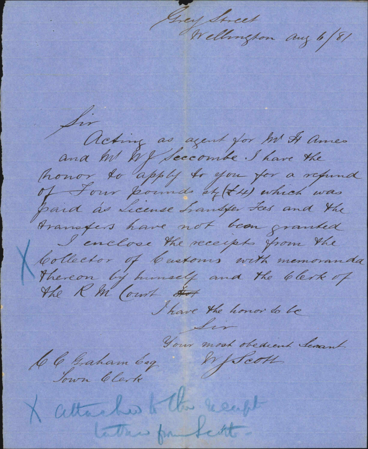W J Scott, application for refund of license fee