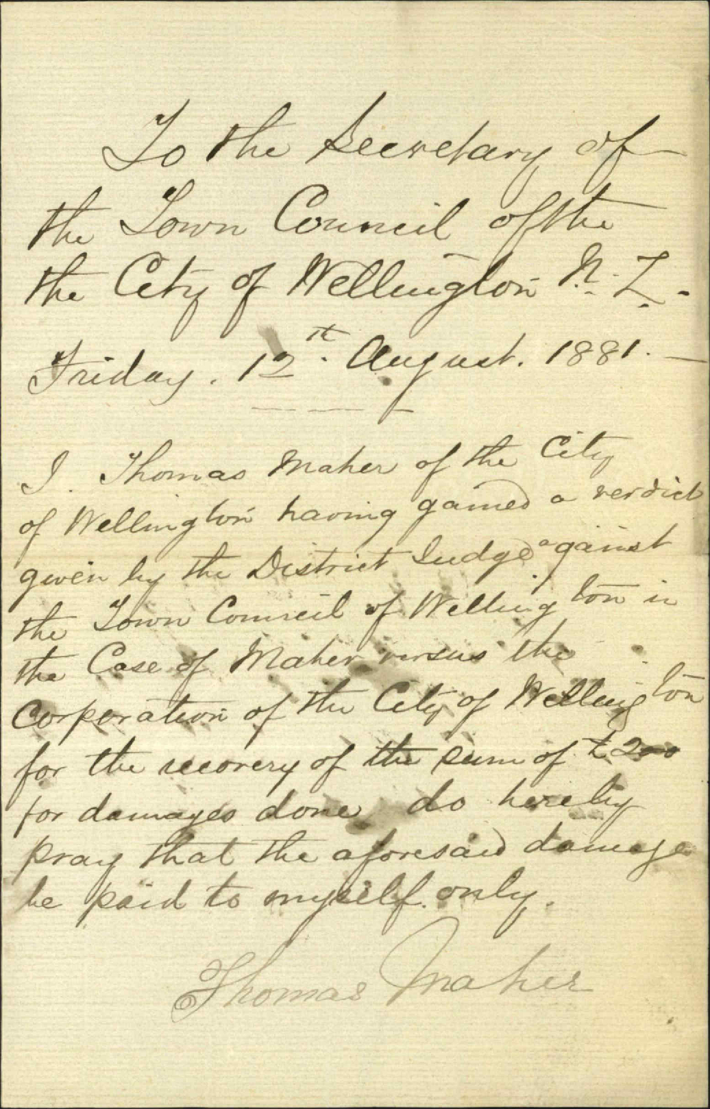 Thomas Maher, application for payment of verdict direct to himself