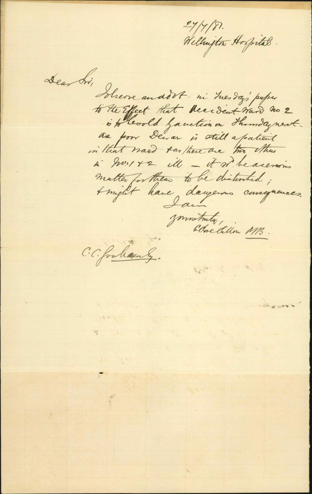 Hospital Surgeon, regarding sale of hospital buildings and patients unfit for removal