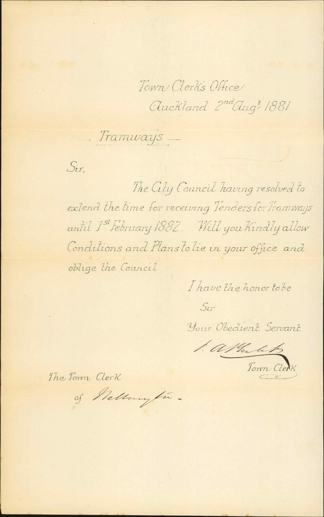 Town Clerk, Auckland, regarding plans and specifications of tramways there