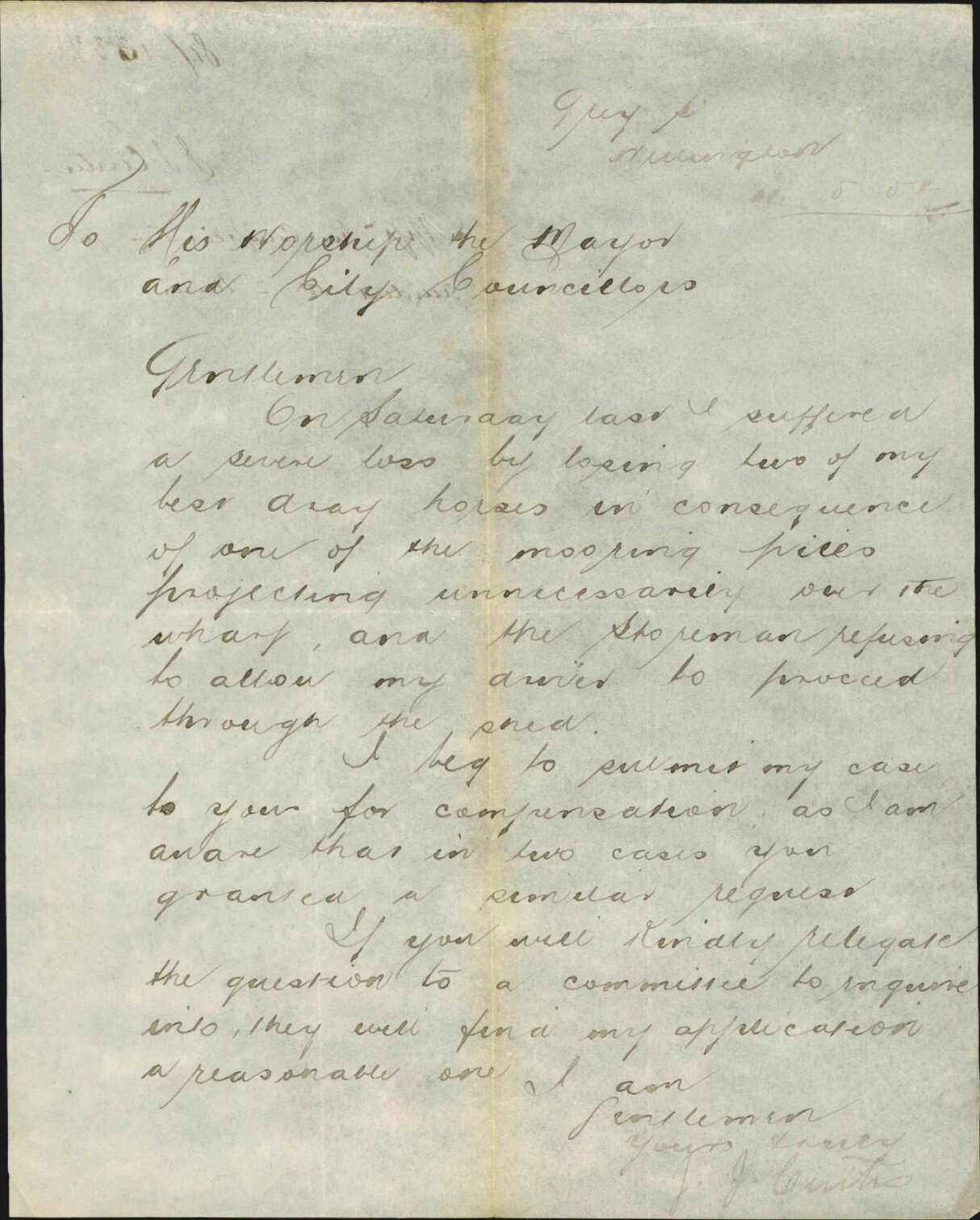 J J Curtis, application for compensation for accident to two horses