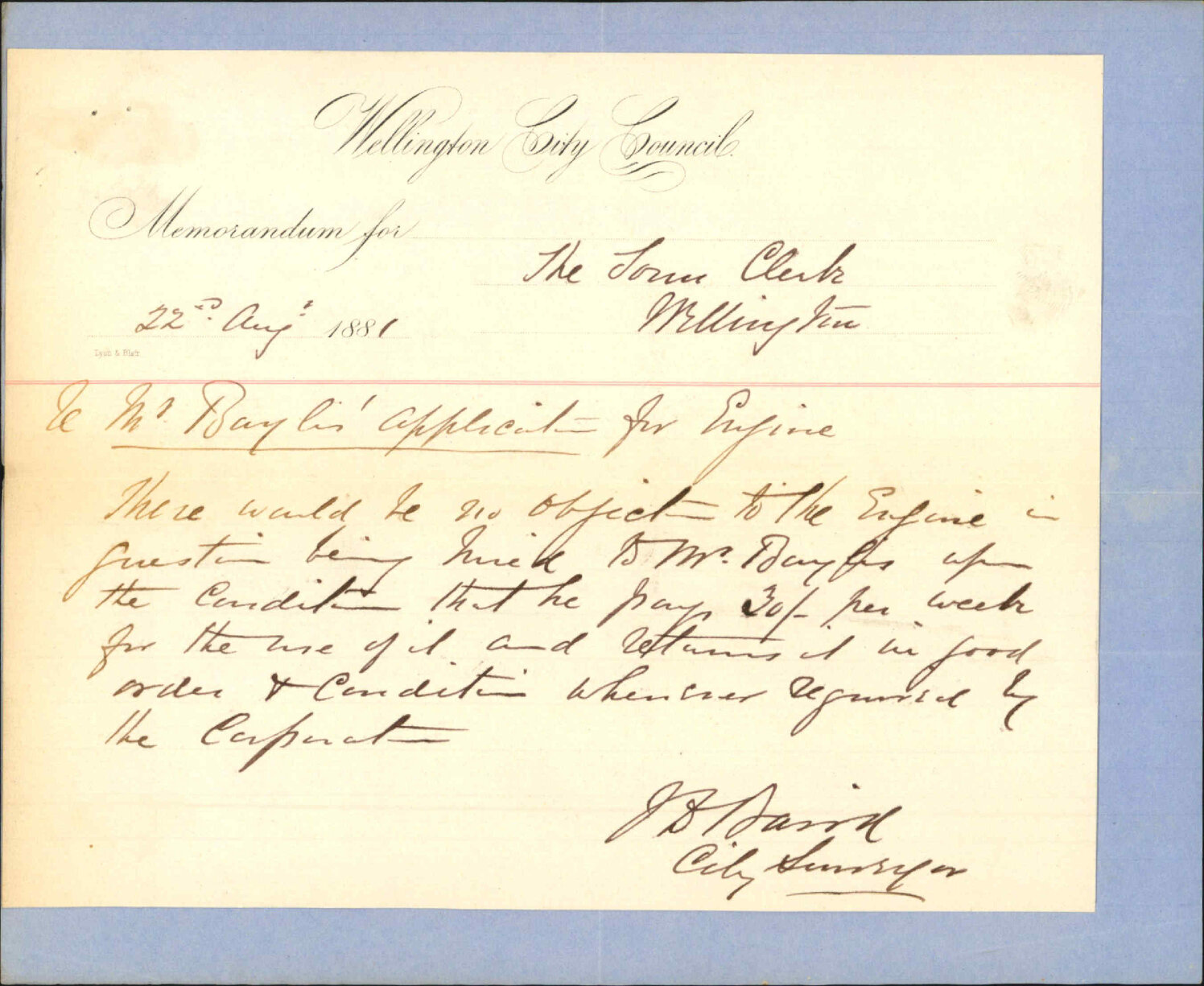 G H Baylis and Co, application for hire of engine at Hutt bridge