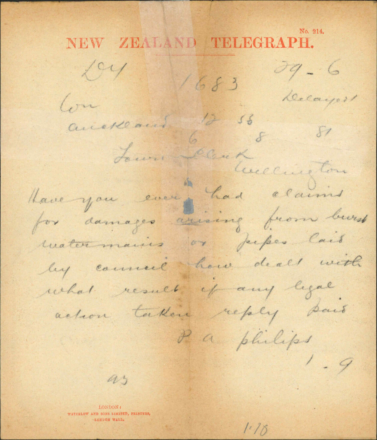 Town Clerk, Auckland, regarding action for bursts in water pipes