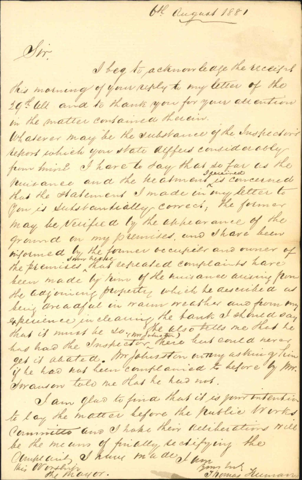 George Judd, regarding complaint by Thomas Truman in Sydney Street