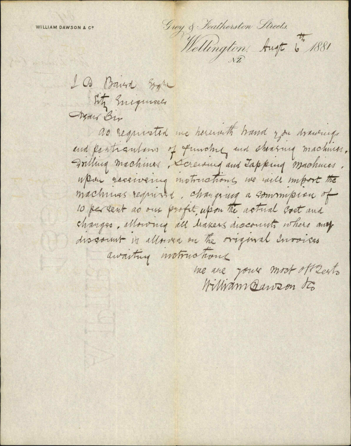William Dawson and Co, regarding purchase of drilling and punching machines