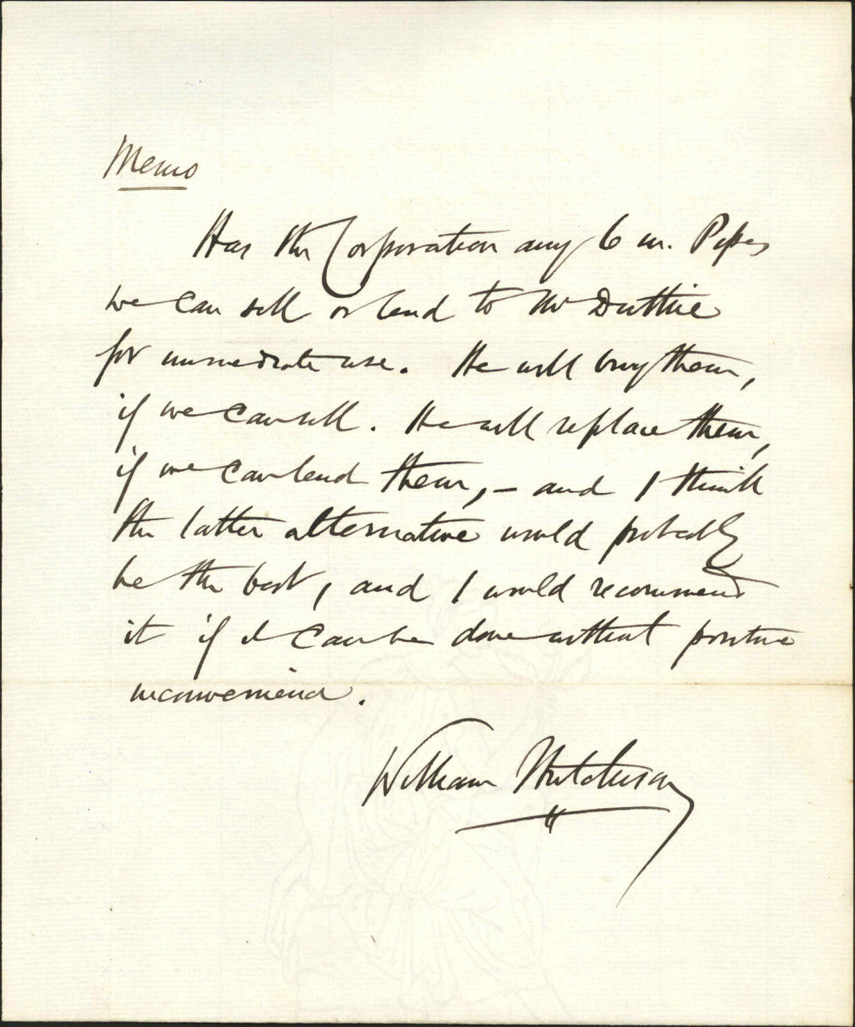 John Duthie and Co, application for loan of 6" water pipes