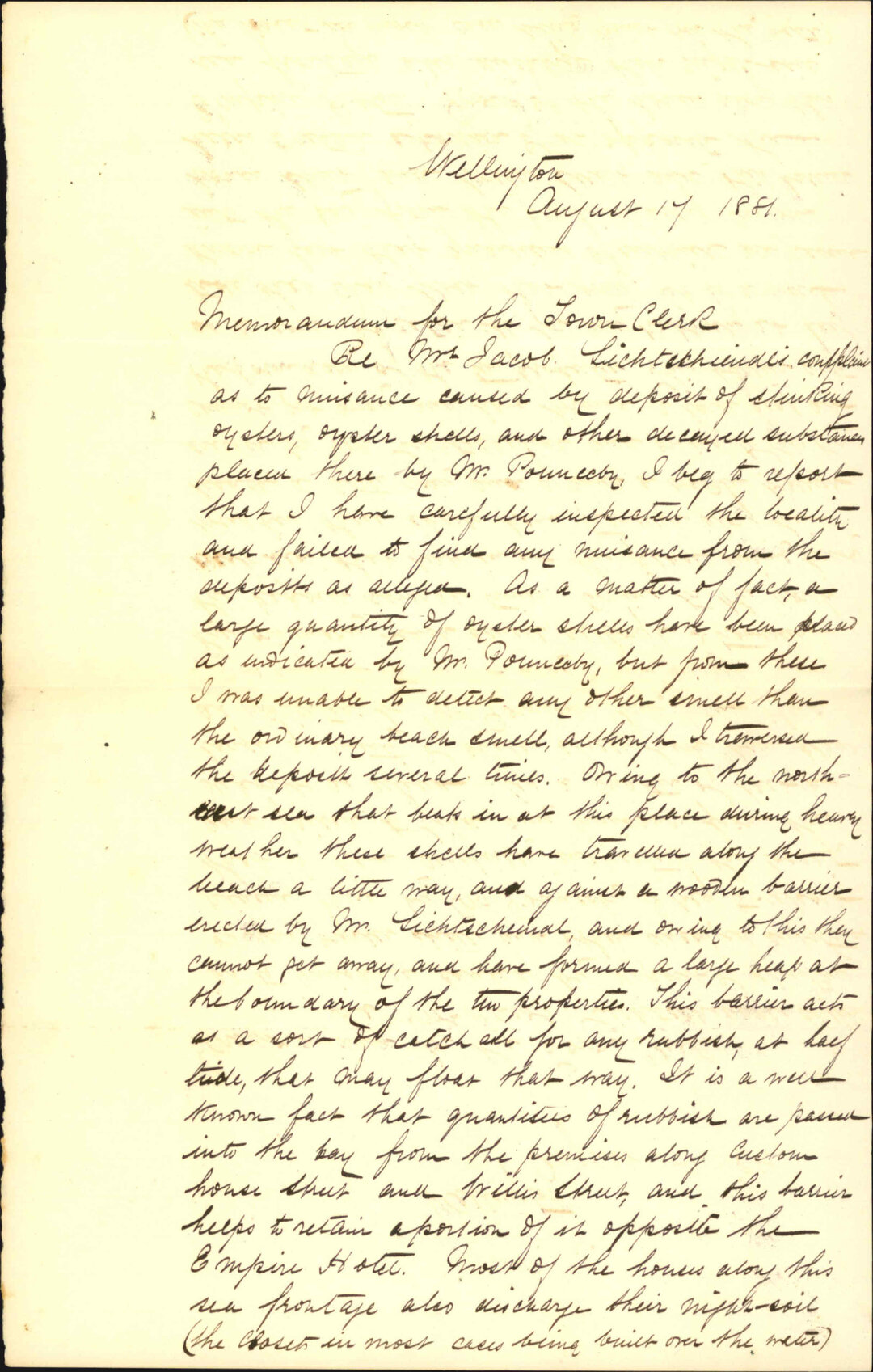 Inspector of Nuisances, report on complaint by J Lichtscheindl