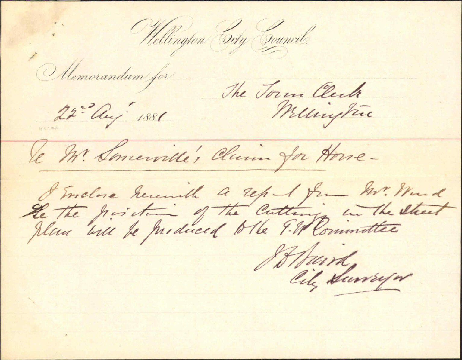 City Surveyor, report on cutting in Aro Street regarding R Somerville's claim
