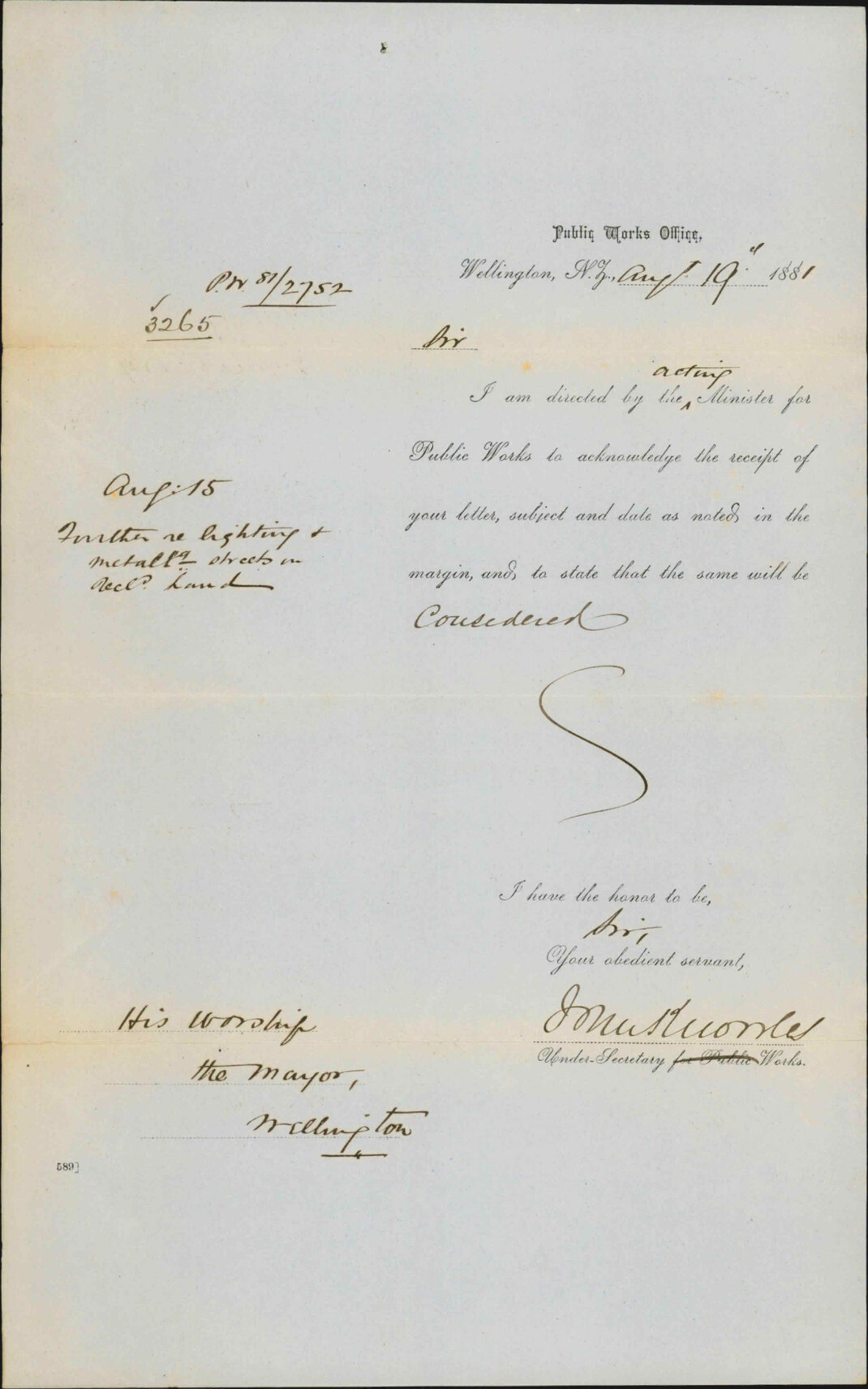 Public Works Department, acknowledgment of letter regarding streets on reclaimed land