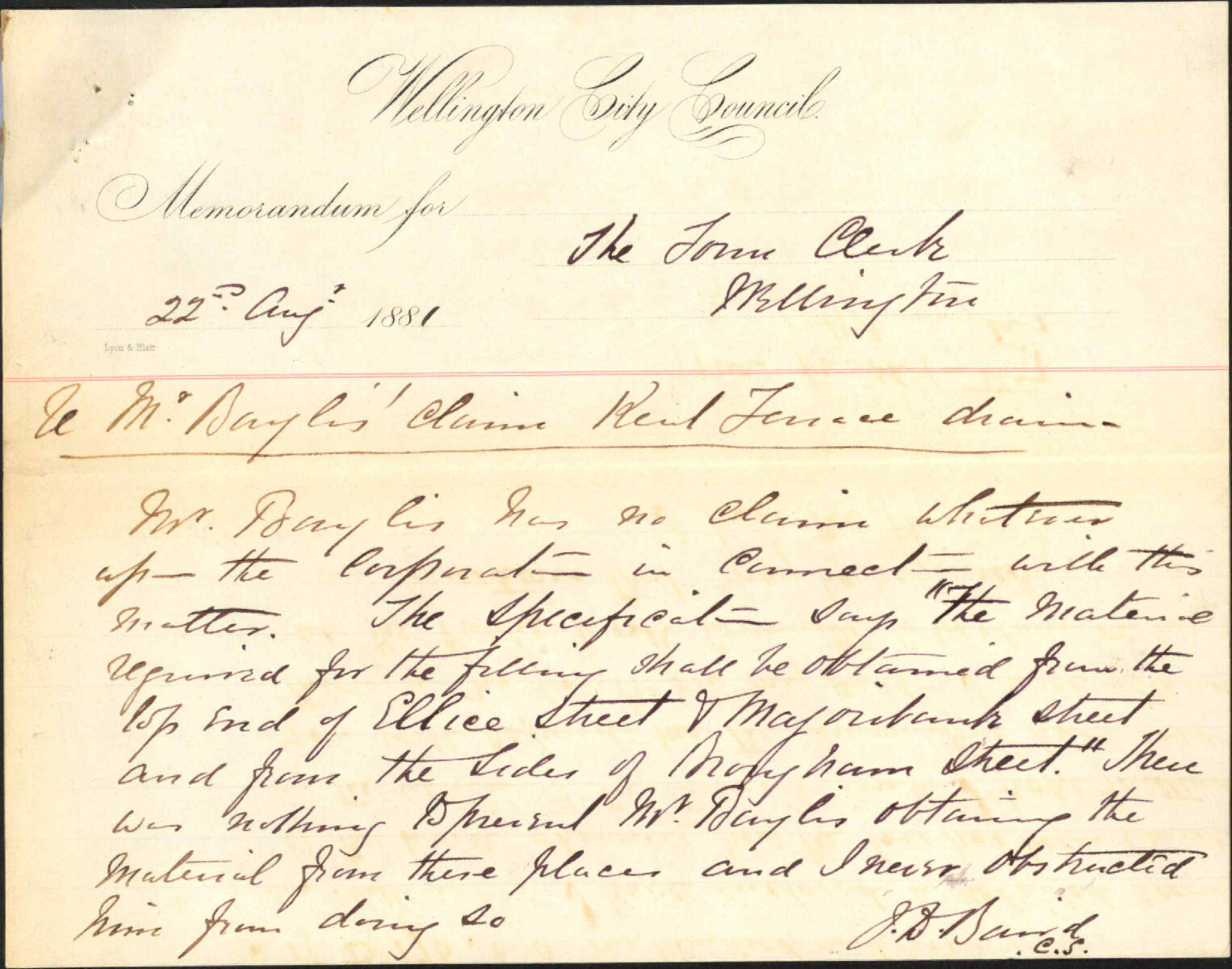 G H Baylis, application for allowance on Kent Terrace contract