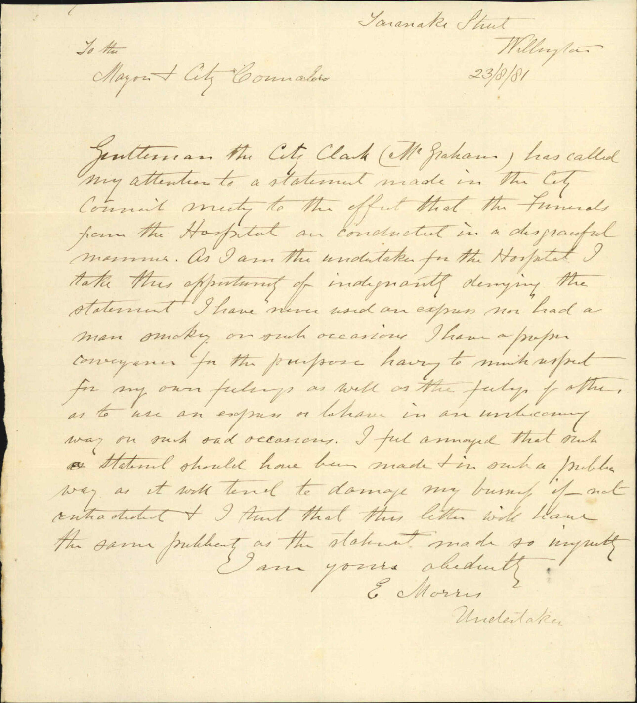 E Morris, regarding complaint as to hospital funerals