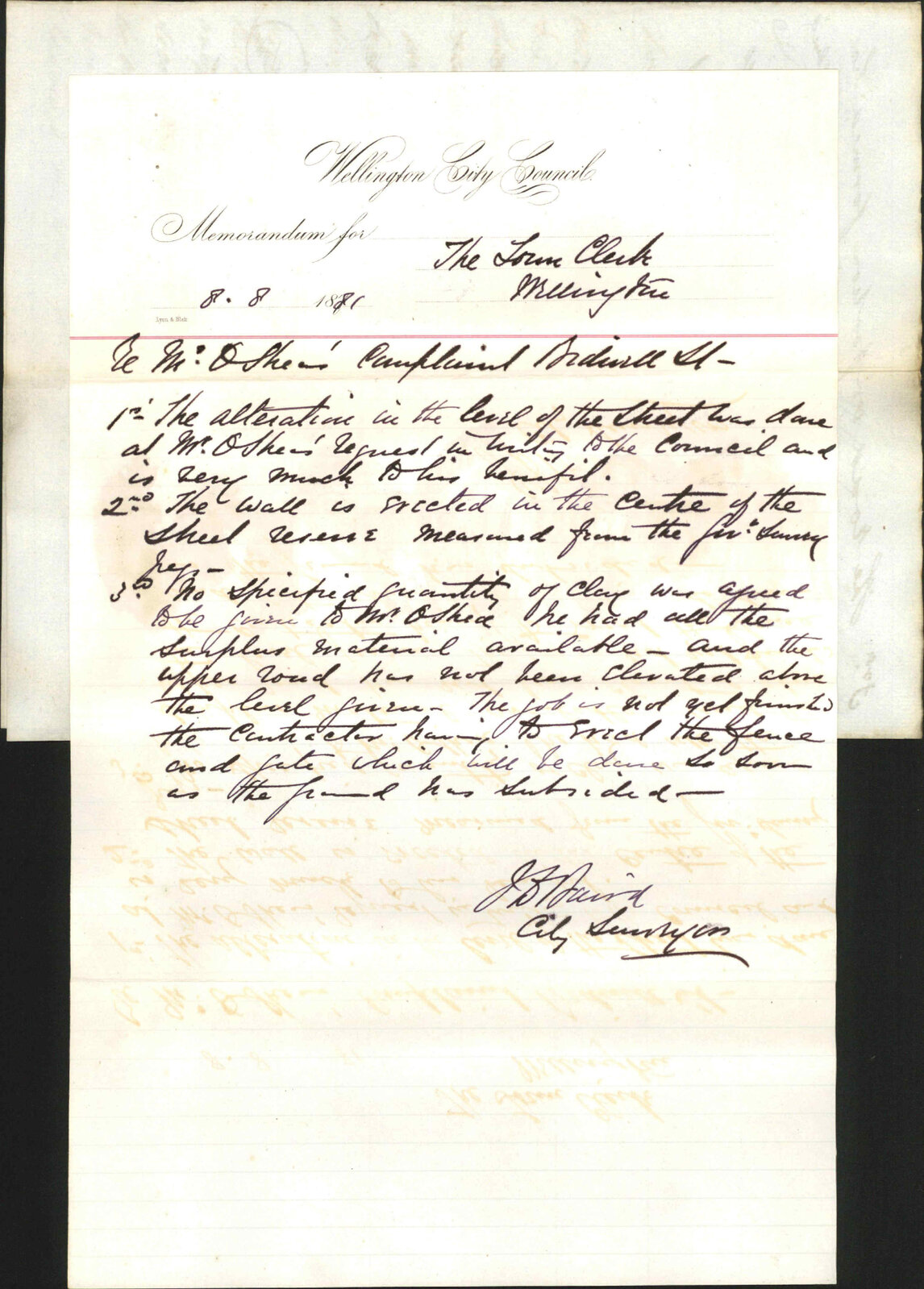 J O'Shea, complaint as to formation of Bidwell Street