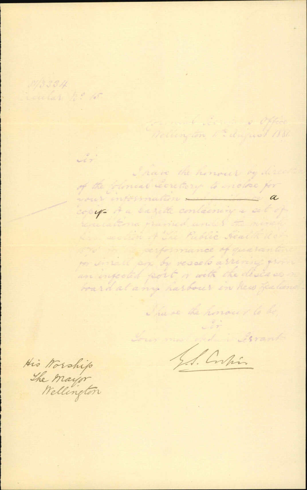 Colonial Secretary's Office, with copy of quarantine regulations