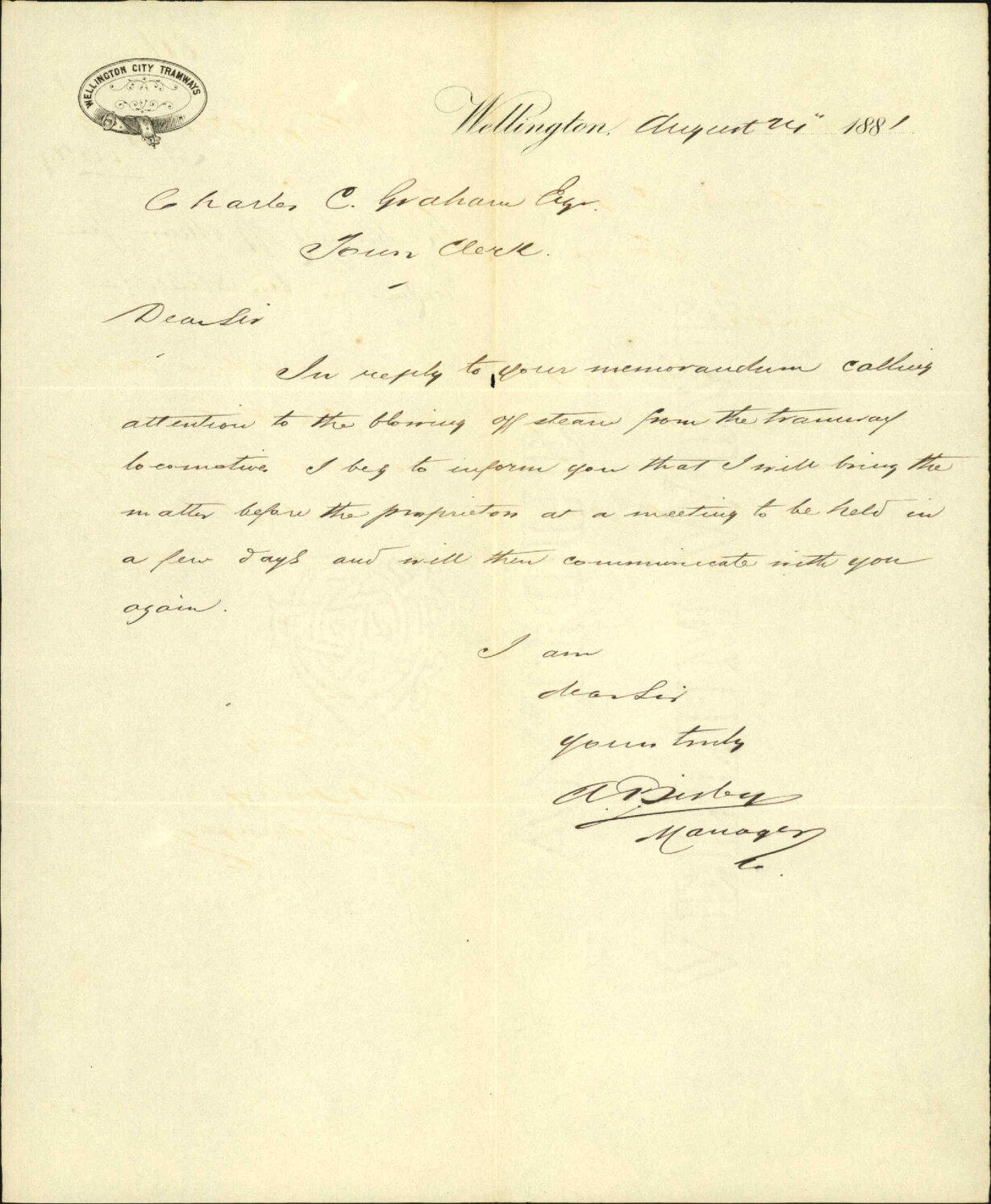 Tramways Company, regarding blowing off stream in the streets