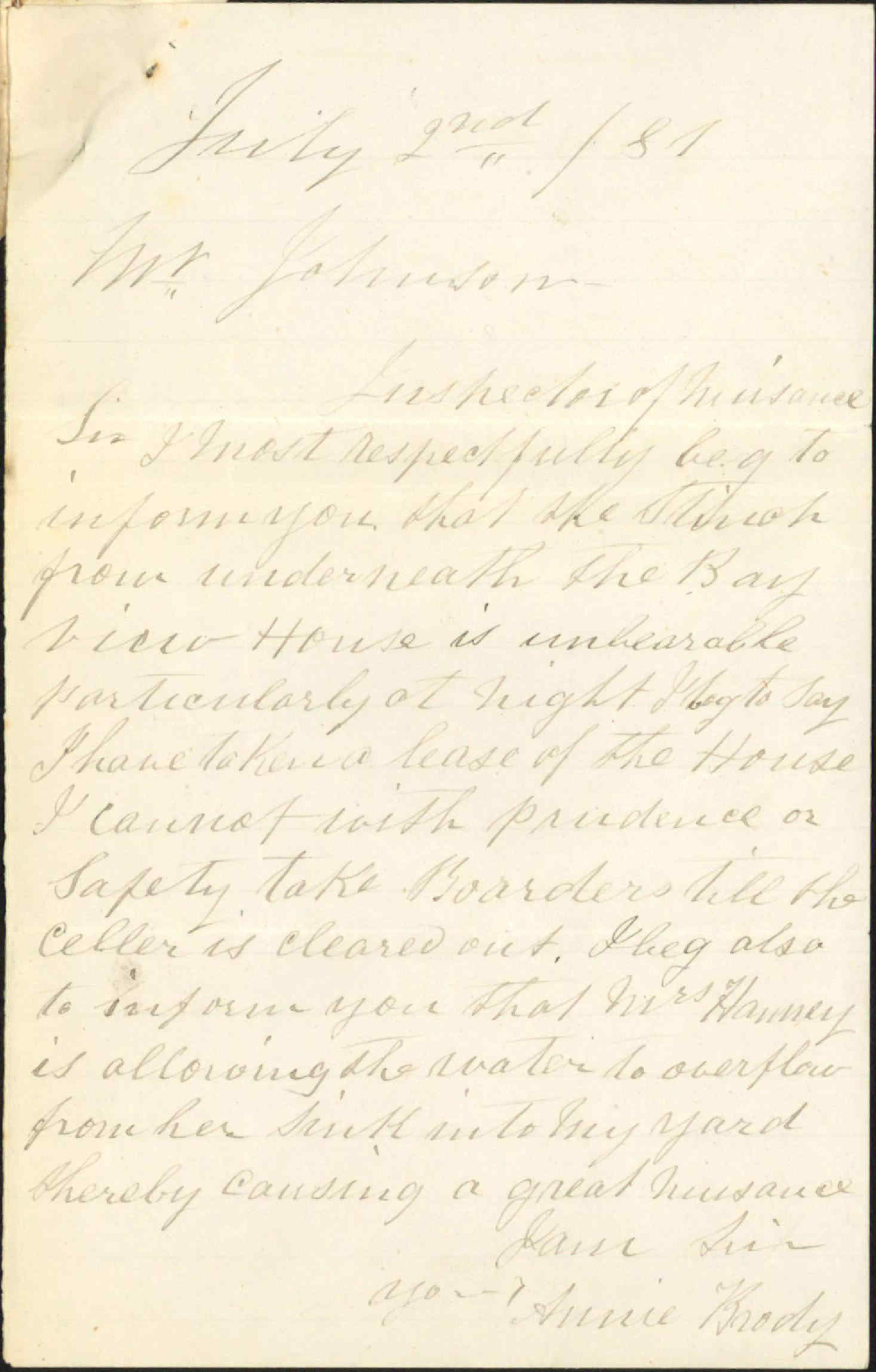 Thomas Hutchison, Annie Brody, complaint as to nuisance on Mrs Haimey's premises