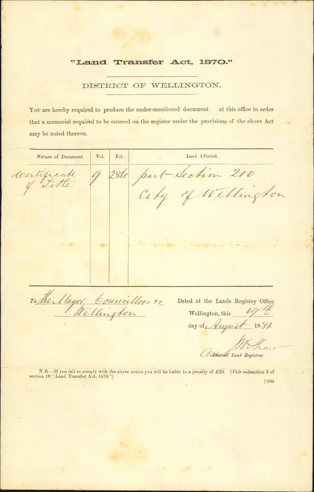 Land Transfer Department, notice to produce certificate of title part of section 210 City of Wellington