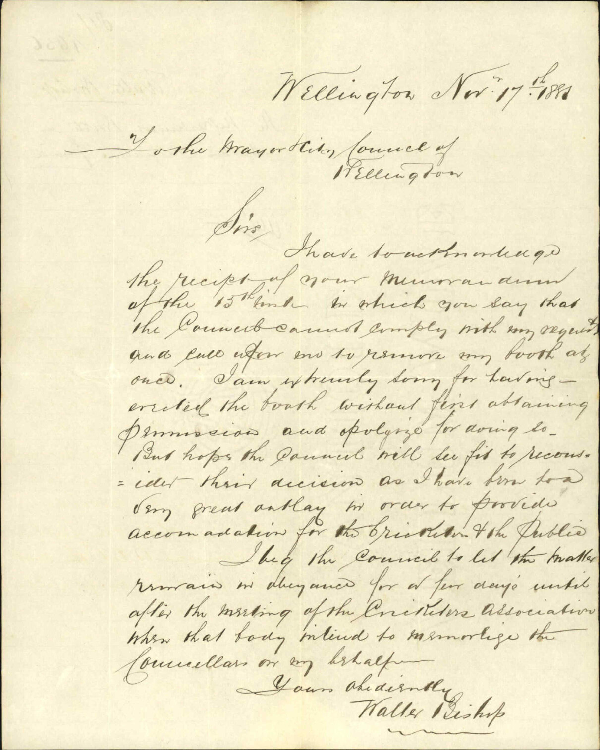Walter Bishop, regarding refreshment booth at Newtown Park